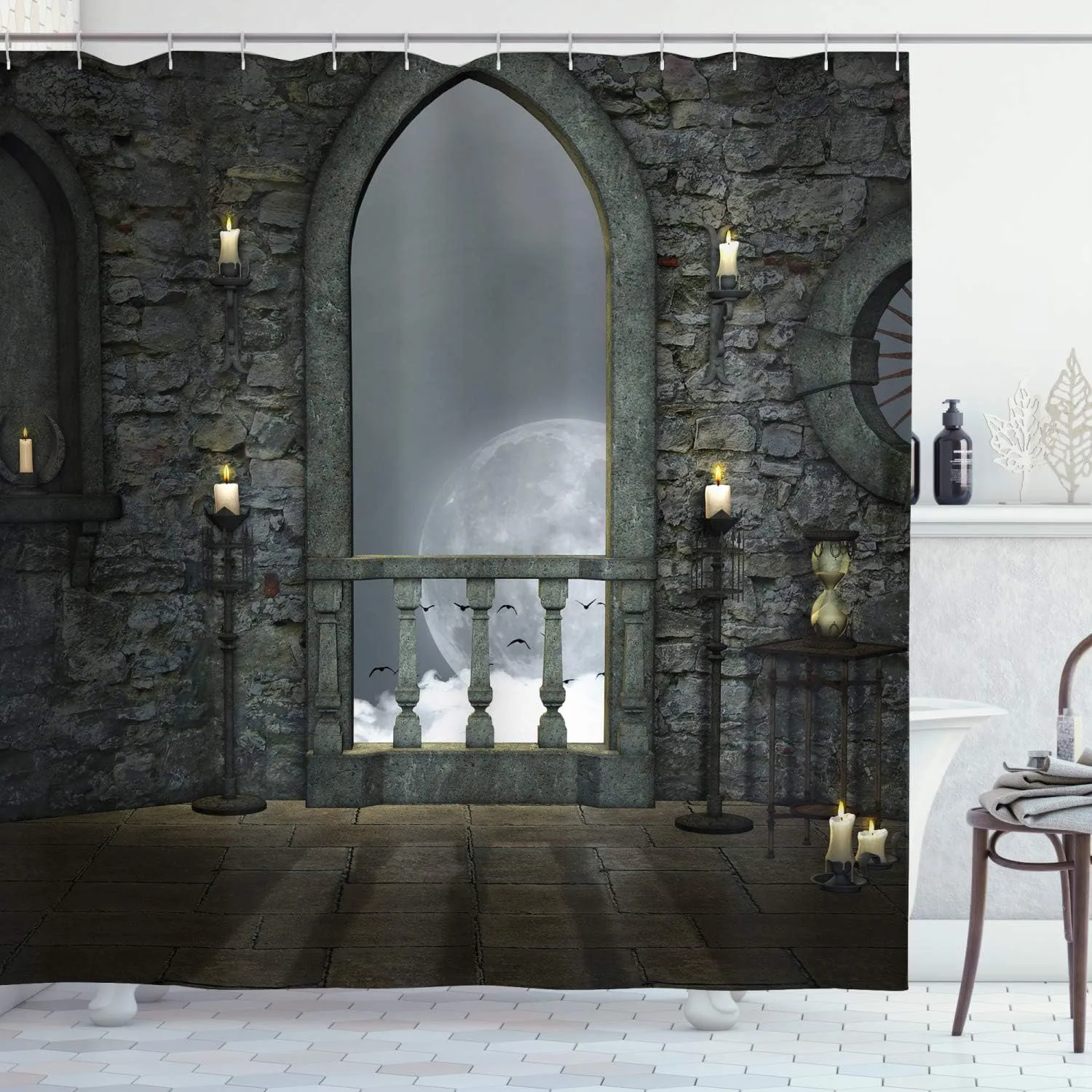 Ambesonne Gothic Shower Curtain, Full Moon Birds Fantasy Old Castle Balcony Burning Candle Night View Art, Cloth Fabric Bathroom Decor Set with Hooks, 69" W x 75" L, Reseda Green