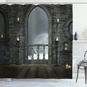 Ambesonne Gothic Shower Curtain, Full Moon Birds Fantasy Old Castle Balcony Burning Candle Night View Art, Cloth Fabric Bathroom Decor Set with Hooks, 69" W x 75" L, Reseda Green
