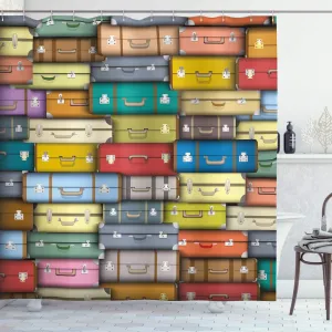 Ambesonne Modern Shower Curtain, Colorful Suitcases Background Vintage Travel Voyage Holiday Themed Design, Cloth Fabric Bathroom Decor Set with Hooks, 69" W x 84" L, Earth Yellow Cream Ruby
