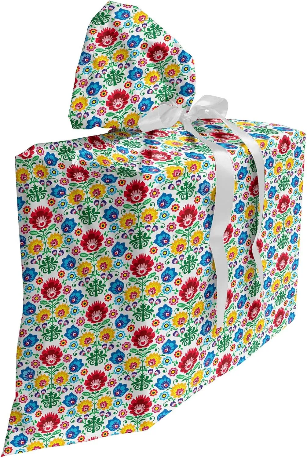 Ambesonne Polish Folk Art Fabric Gift Bag, Flourish Motif with Colorful Flowers and Leaves Kaszuby Region, Present Sack for Parties Birthdays with 3 Ribbons, 27, Multicolor