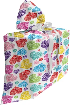 Ambesonne Romantic Fabric Gift Bag, Ornamental Heart Shapes of Inner Floral Swirly Leaves Flowers Ethnic Love Motif, Present Sack for Parties Birthdays with 3 Ribbons, 27, Multicolor