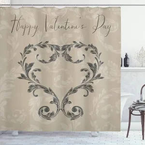 Ambesonne Taupe Shower Curtain, Happy Valentine's Day Hand Writing Laurel Leaves Forming a Heart Victorian, Cloth Fabric Bathroom Decor Set with Hooks, 69" W x 84" L, Taupe Tan