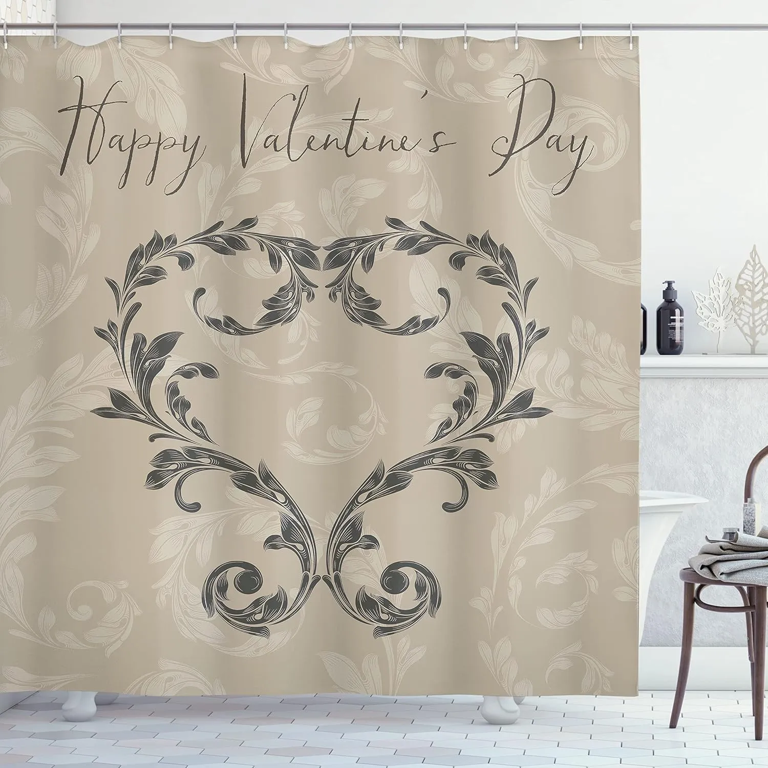Ambesonne Taupe Shower Curtain, Happy Valentine's Day Hand Writing Laurel Leaves Forming a Heart Victorian, Cloth Fabric Bathroom Decor Set with Hooks, 69" W x 84" L, Taupe Tan