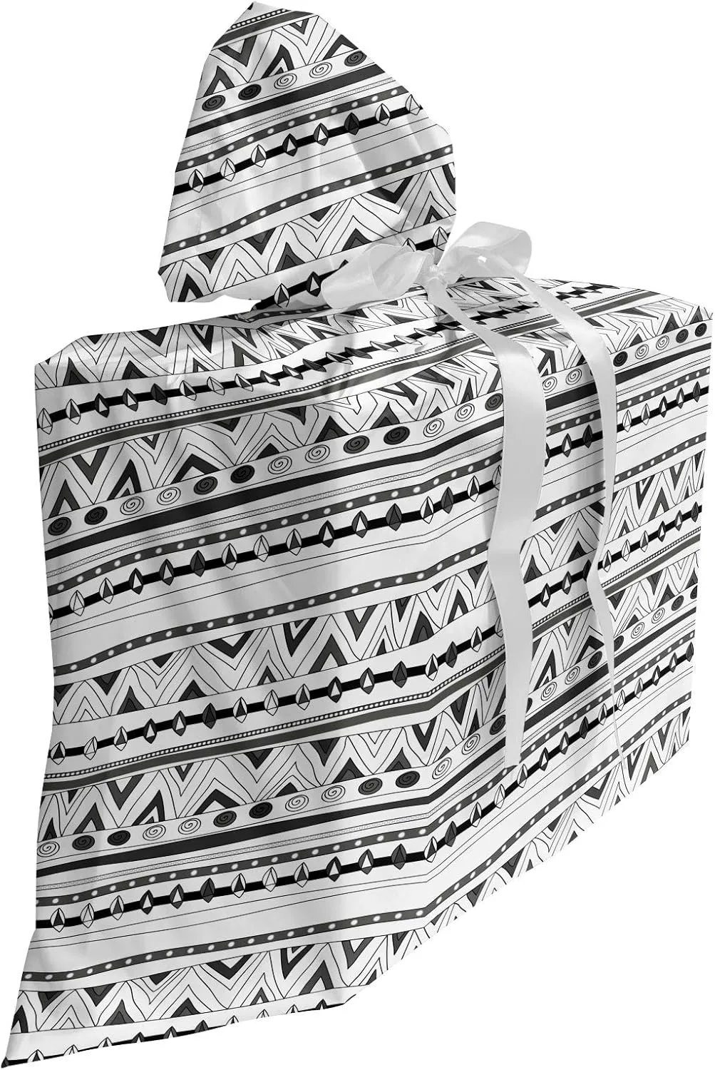 Ambesonne Tribal Fabric Gift Bag, Prehistoric Aztec with Circles Triangles Tribal Folk Pattern, Present Sack for Parties Birthdays with 3 Ribbons, 27, Charcoal Grey White