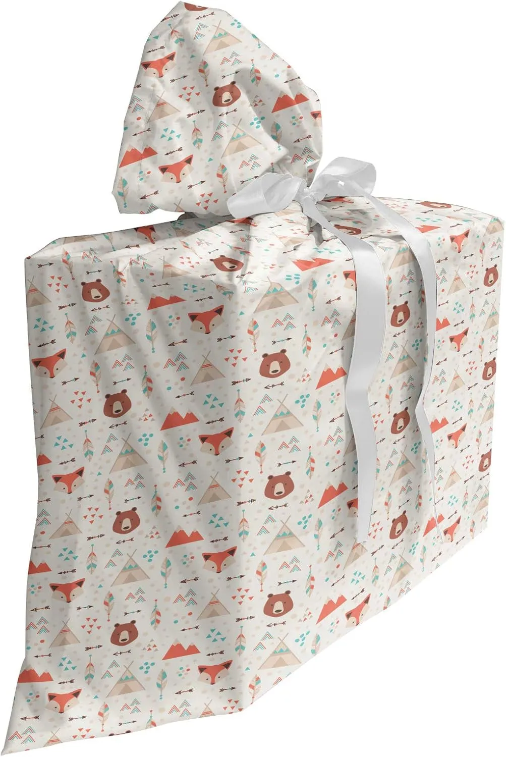 Ambesonne Tribal Fabric Gift Bag, Prehistoric Fox Arrows Bear Lodge Houses Feather Graphic, Present Sack for Parties Birthdays with 3 Ribbons, 27, Salmon Amber White