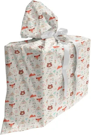 Ambesonne Tribal Fabric Gift Bag, Prehistoric Fox Arrows Bear Lodge Houses Feather Graphic, Present Sack for Parties Birthdays with 3 Ribbons, 27, Salmon Amber White