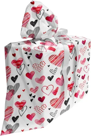 Ambesonne Valentine Fabric Gift Bag, Different Types of Heart Shapes Romance Love Theme Watercolor Striped Art, Present Sack fors Birthdays with 3 Ribbons, 27" X 32", Black White