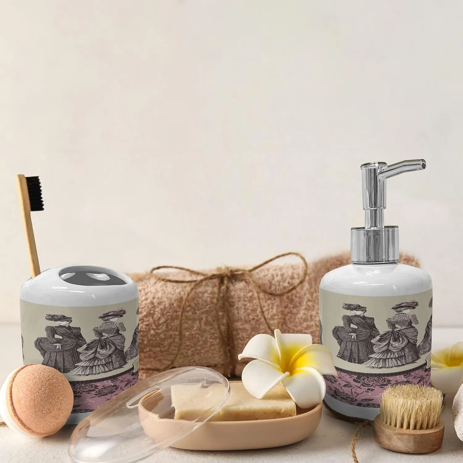 Ambesonne Victorian Soap Dispenser & Toothbrush Holder Set, Ladies Clothes Fashion History Dress Handbag Feather Gloves Floral Design Print, Ceramic Bathroom Toiletry Accessories, 2 Pcs, Grey Rose
