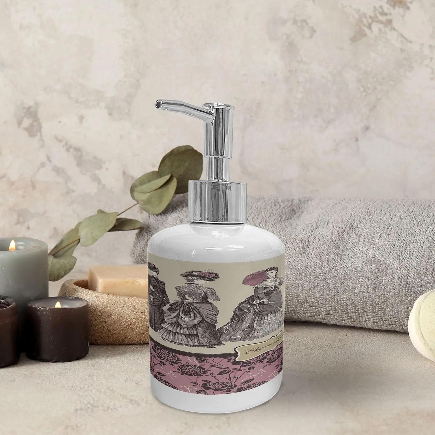 Ambesonne Victorian Soap Dispenser & Toothbrush Holder Set, Ladies Clothes Fashion History Dress Handbag Feather Gloves Floral Design Print, Ceramic Bathroom Toiletry Accessories, 2 Pcs, Grey Rose