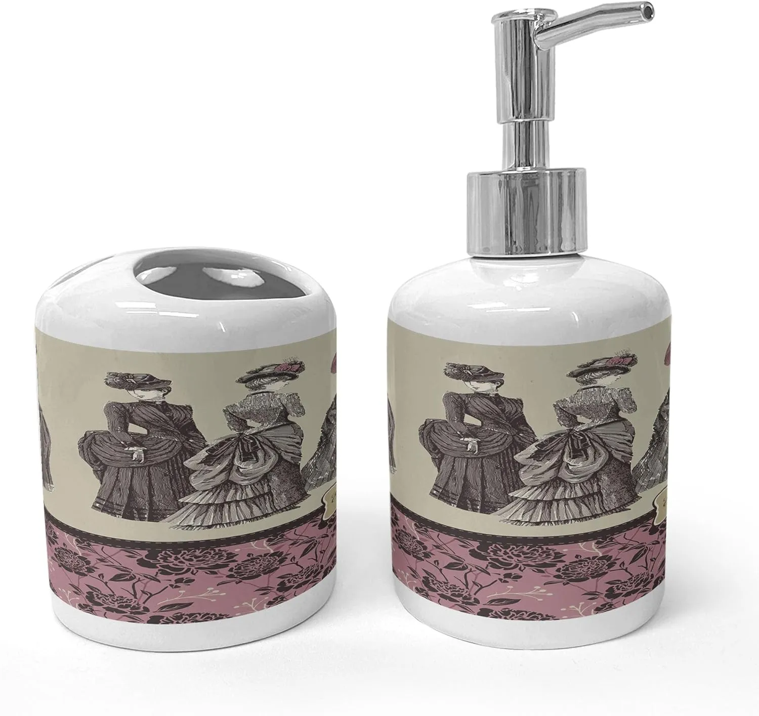 Ambesonne Victorian Soap Dispenser & Toothbrush Holder Set, Ladies Clothes Fashion History Dress Handbag Feather Gloves Floral Design Print, Ceramic Bathroom Toiletry Accessories, 2 Pcs, Grey Rose