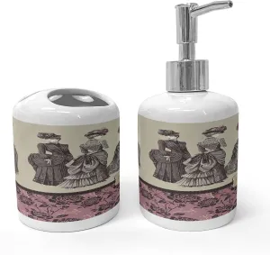 Ambesonne Victorian Soap Dispenser & Toothbrush Holder Set, Ladies Clothes Fashion History Dress Handbag Feather Gloves Floral Design Print, Ceramic Bathroom Toiletry Accessories, 2 Pcs, Grey Rose