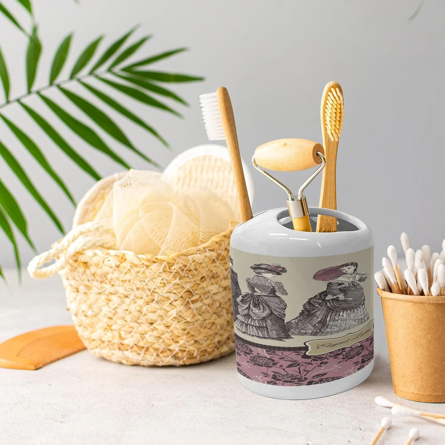 Ambesonne Victorian Soap Dispenser & Toothbrush Holder Set, Ladies Clothes Fashion History Dress Handbag Feather Gloves Floral Design Print, Ceramic Bathroom Toiletry Accessories, 2 Pcs, Grey Rose