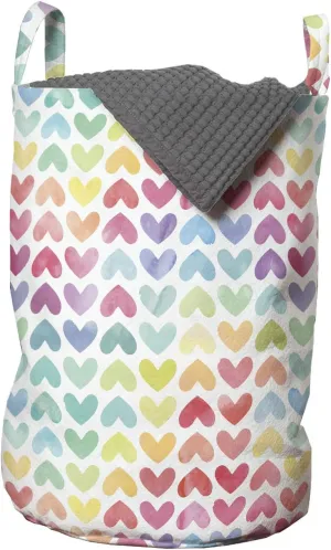 Ambesonne Watercolor Laundry Bag, Valentine's Day Theme Colorful Little Hearts Vibrant Paintbrush Effect, Hamper Basket with Handles Drawstring Closure for Laundromats, 13" x 19", Dark Blue