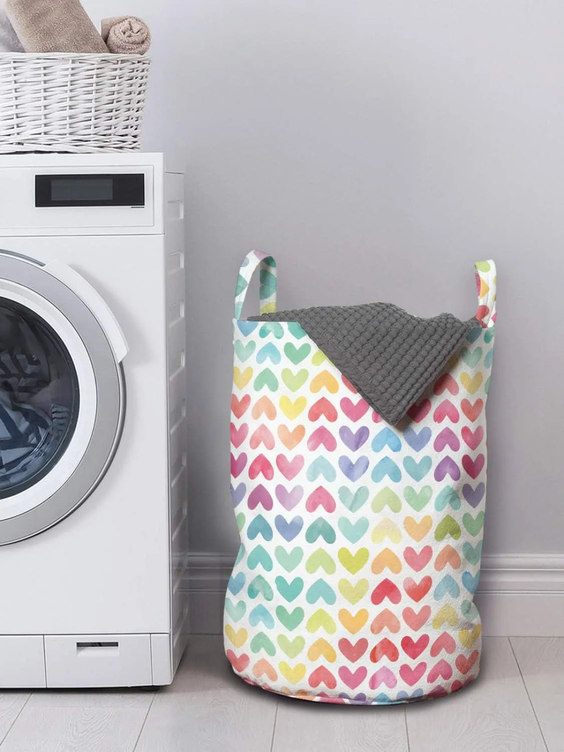 Ambesonne Watercolor Laundry Bag, Valentine's Day Theme Colorful Little Hearts Vibrant Paintbrush Effect, Hamper Basket with Handles Drawstring Closure for Laundromats, 13" x 19", Dark Blue
