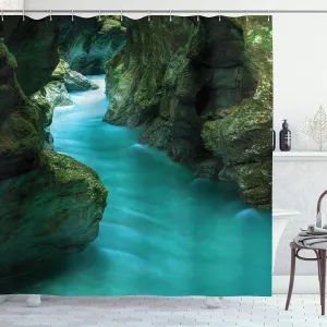 Ambesonne Waterfall Shower Curtain, Tolminka Alpine River Water and Caves Exotic Nature Travel Picture, Cloth Fabric Bathroom Decor Set with Hooks, 69" W x 75" L, Green Turquoise