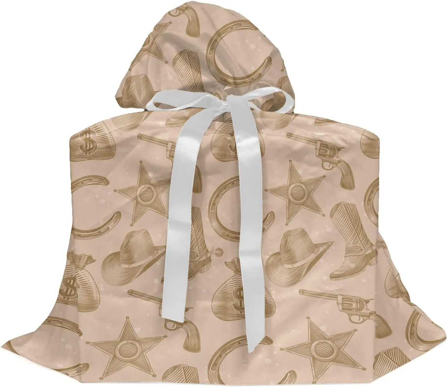 Ambesonne Western Fabric Gift Bag, Engraving Style Star Boot and Money Revolver Line Pattern Worn Out Dotted Backdrop, Present Sack for Parties Birthdays with 3 Ribbons, 27, Tan Brown