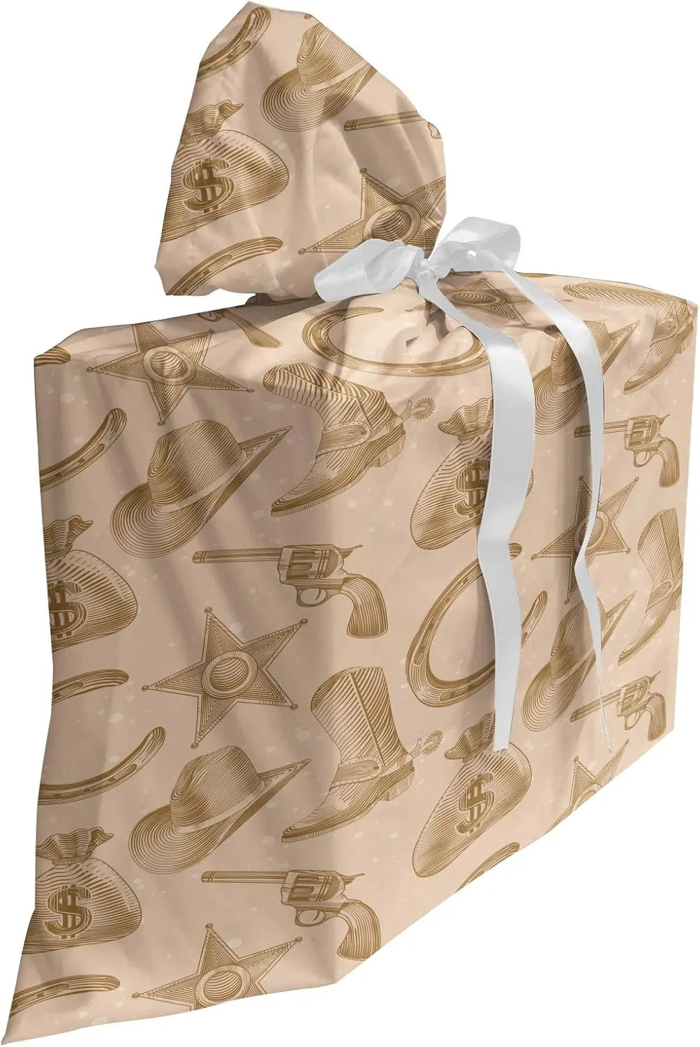Ambesonne Western Fabric Gift Bag, Engraving Style Star Boot and Money Revolver Line Pattern Worn Out Dotted Backdrop, Present Sack for Parties Birthdays with 3 Ribbons, 27, Tan Brown