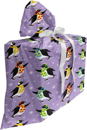 Ambesonne Winter Gift Bag, Demonstration of Penguins in Scarfs Skating and Snowflakes Falling, Fabric Party Favor Pouch with 3 Ribbons, 27, Lavender and Multicolor