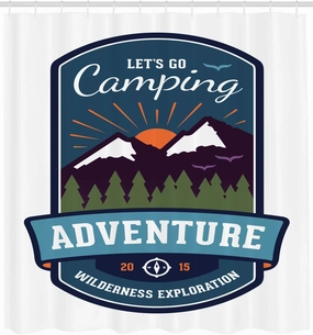 Ambesonne Adventure Shower Curtain, Signboard of Camping Wilderness Exploration Mountains Illustration, Cloth Fabric Bathroom Decor Set with Hooks, 105" Extra Wide, White and Multicolor