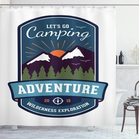 Ambesonne Adventure Shower Curtain, Signboard of Camping Wilderness Exploration Mountains Illustration, Cloth Fabric Bathroom Decor Set with Hooks, 69" W x 75" L, White and Multicolor