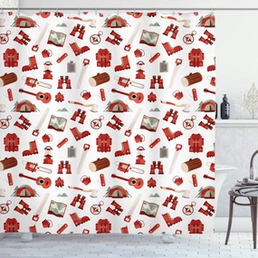 Ambesonne Camping Shower Curtain, Lumberjack Elements from Outdoor Leisure Activities in Vinous Tones, Cloth Fabric Bathroom Decor Set with Hooks, 69" W x 70" L, White Vermilion and Brown