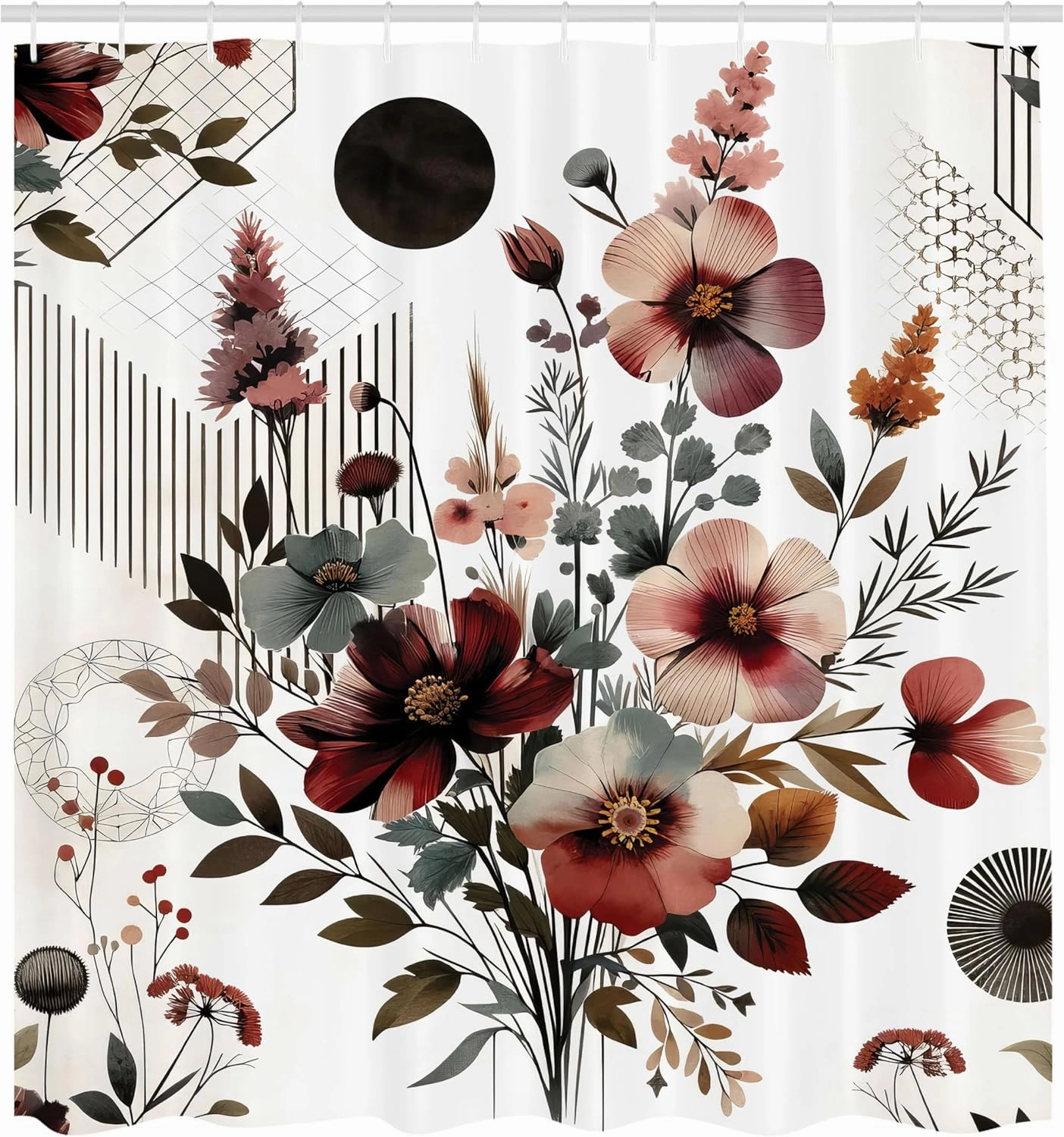 Ambesonne Floral Shower Curtain, Mid Century Modern Rounds Chevrons and Stripes Ornate Leafy Wildflowers, Cloth Fabric Bathroom Decor Set with Hooks, 69" W x 70" L, Maroon Dark Sea Green