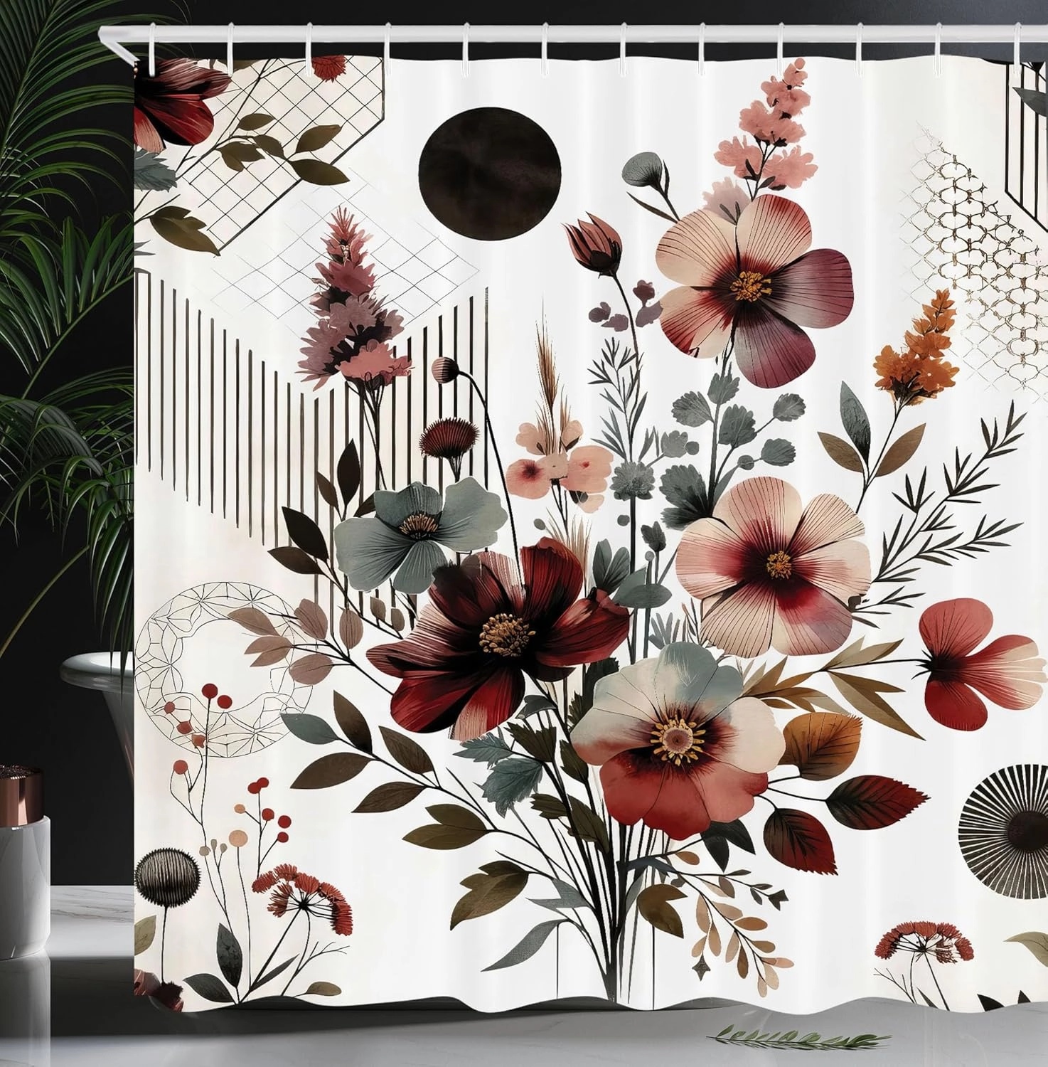 Ambesonne Floral Shower Curtain, Mid Century Modern Rounds Chevrons and Stripes Ornate Leafy Wildflowers, Cloth Fabric Bathroom Decor Set with Hooks, 69" W x 70" L, Maroon Dark Sea Green