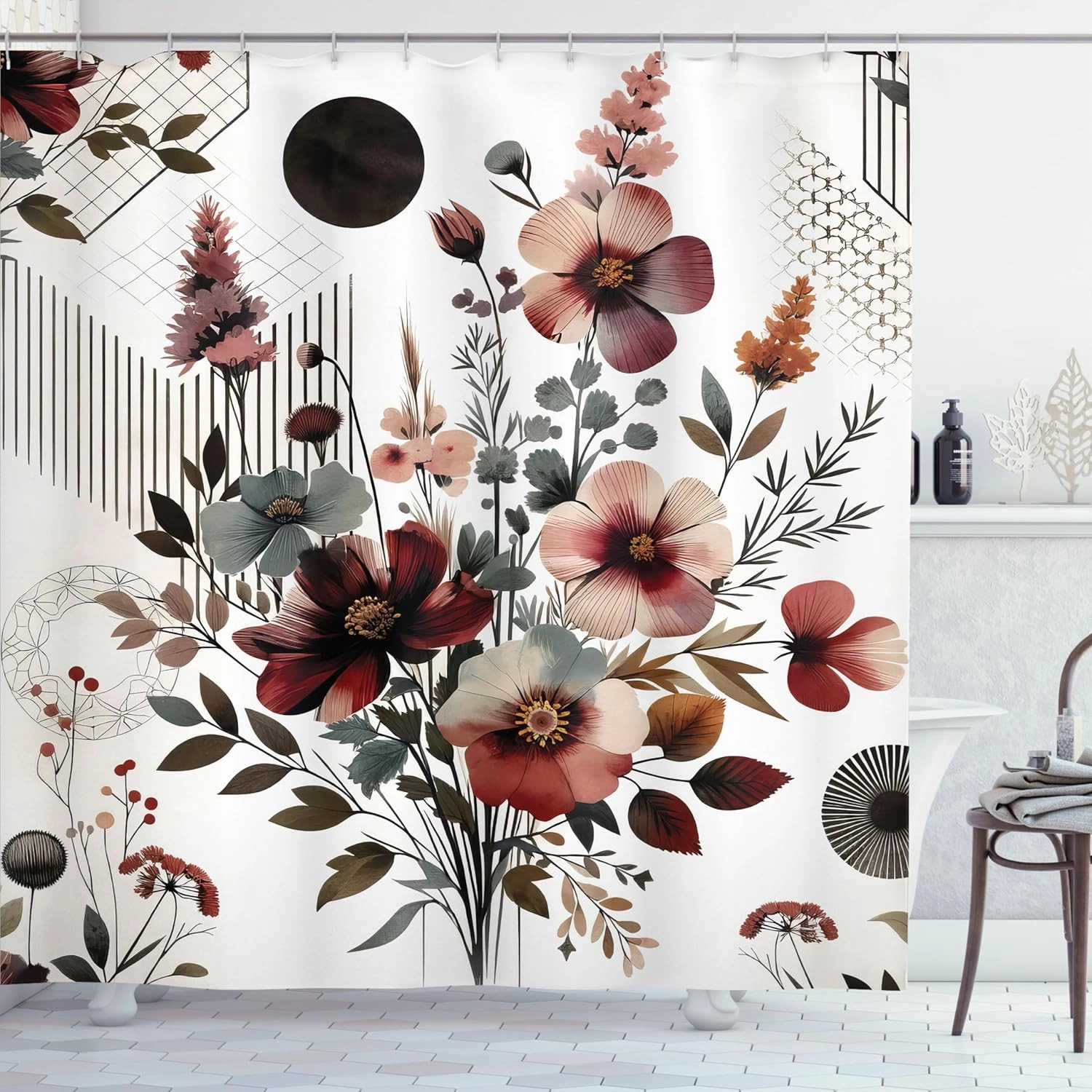 Ambesonne Floral Shower Curtain, Mid Century Modern Rounds Chevrons and Stripes Ornate Leafy Wildflowers, Cloth Fabric Bathroom Decor Set with Hooks, 69" W x 70" L, Maroon Dark Sea Green