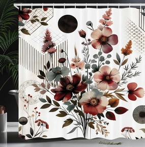 Ambesonne Floral Shower Curtain, Mid Century Modern Rounds Chevrons and Stripes Ornate Leafy Wildflowers, Cloth Fabric Bathroom Decor Set with Hooks, 69" W x 70" L, Maroon Dark Sea Green