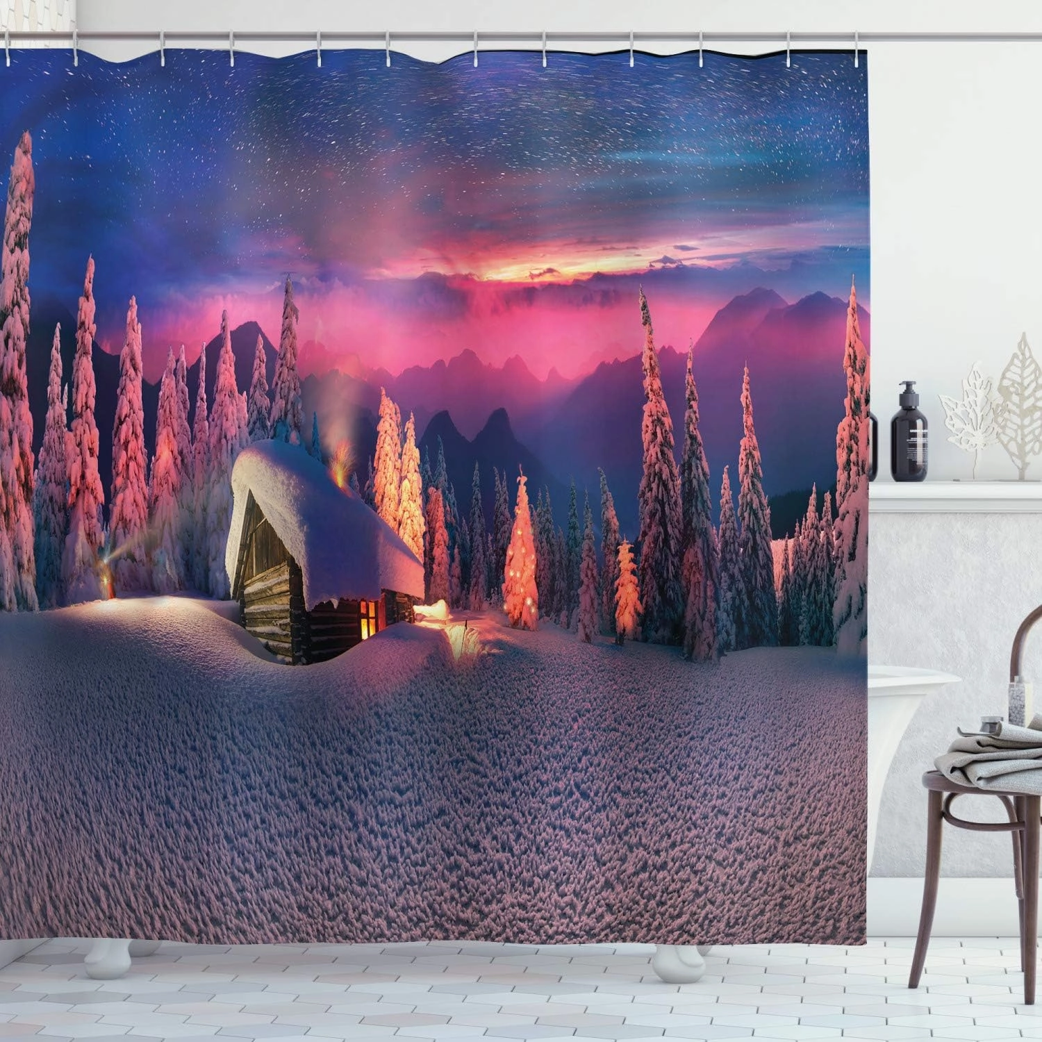 Ambesonne Milky Way Shower Curtain, Wild Alpine Scene with Cabin in The Woods Winter with Starry Skyline Illustration, Cloth Fabric Bathroom Decor Set with Hooks, 69" W x 84" L, Multicolor