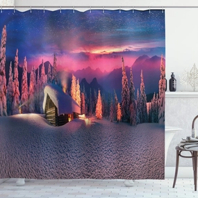 Ambesonne Milky Way Shower Curtain, Wild Alpine Scene with Cabin in The Woods Winter with Starry Skyline Illustration, Cloth Fabric Bathroom Decor Set with Hooks, 69" W x 84" L, Multicolor