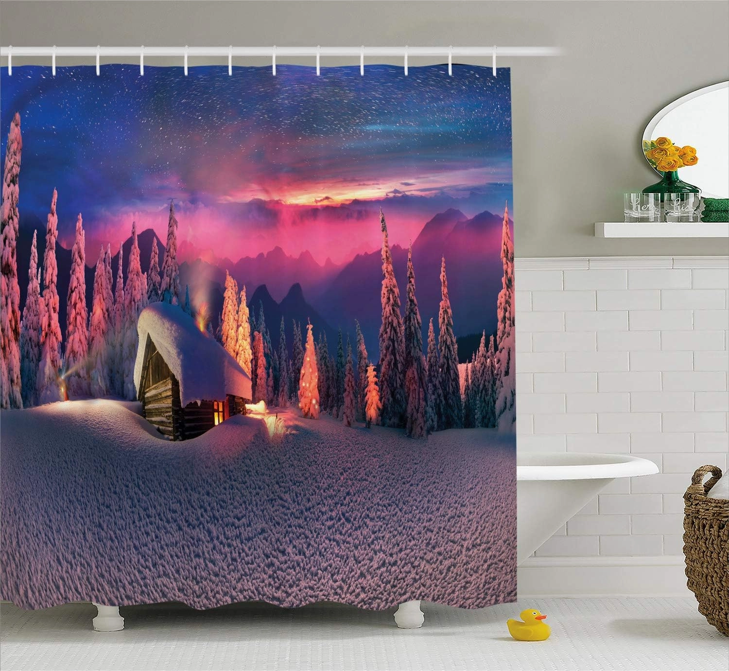 Ambesonne Milky Way Shower Curtain, Wild Alpine Scene with Cabin in The Woods Winter with Starry Skyline Illustration, Fabric Bathroom Decor Set with Hooks, 105 inches Extra Wide, Multicolor