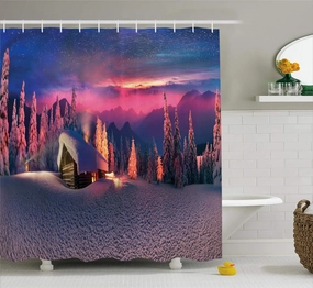 Ambesonne Milky Way Shower Curtain, Wild Alpine Scene with Cabin in The Woods Winter with Starry Skyline Illustration, Fabric Bathroom Decor Set with Hooks, 105 inches Extra Wide, Multicolor