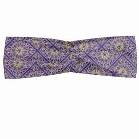 Ambesonne Moroccan Headband Set of 2, Floral Oriental Mandala Motif Vibrant Tones Illustration, Knotted Elastic Hair Band Accessory for Women Everyday Use, M-L, Blue Violet Pale Camel