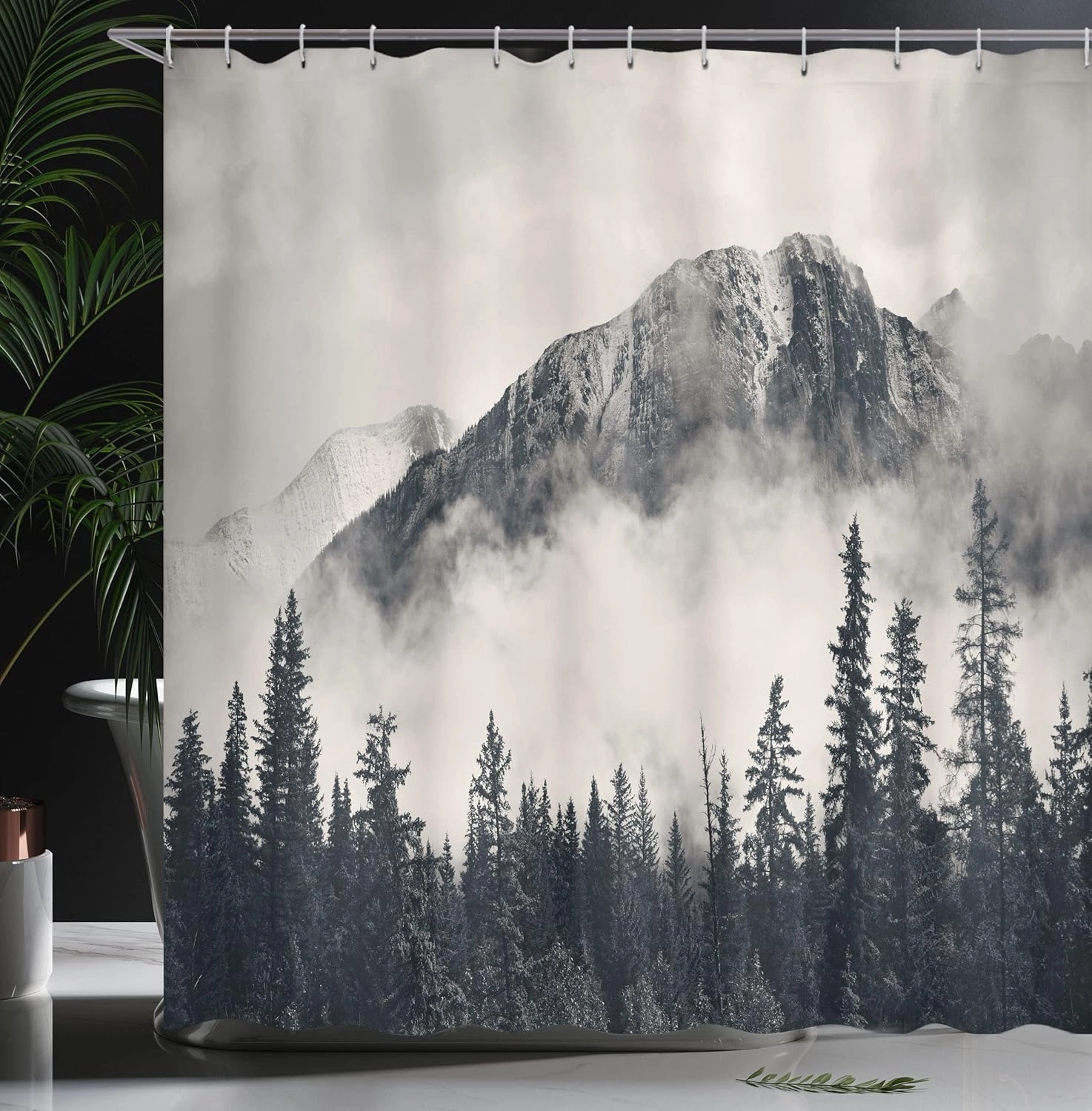 Ambesonne National Parks Shower Curtain, Canadian Smokey Mountain Cliff Outdoors Idyllic Scenery Photo Artwork, Cloth Fabric Bathroom Decor Set with Hooks, 69" W x 70" L, Black White