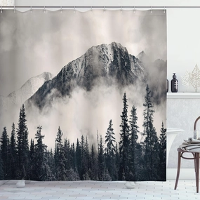 Ambesonne National Parks Shower Curtain, Canadian Smokey Mountain Cliff Outdoors Idyllic Scenery Photo Artwork, Cloth Fabric Bathroom Decor Set with Hooks, 69" W x 70" L, Black White