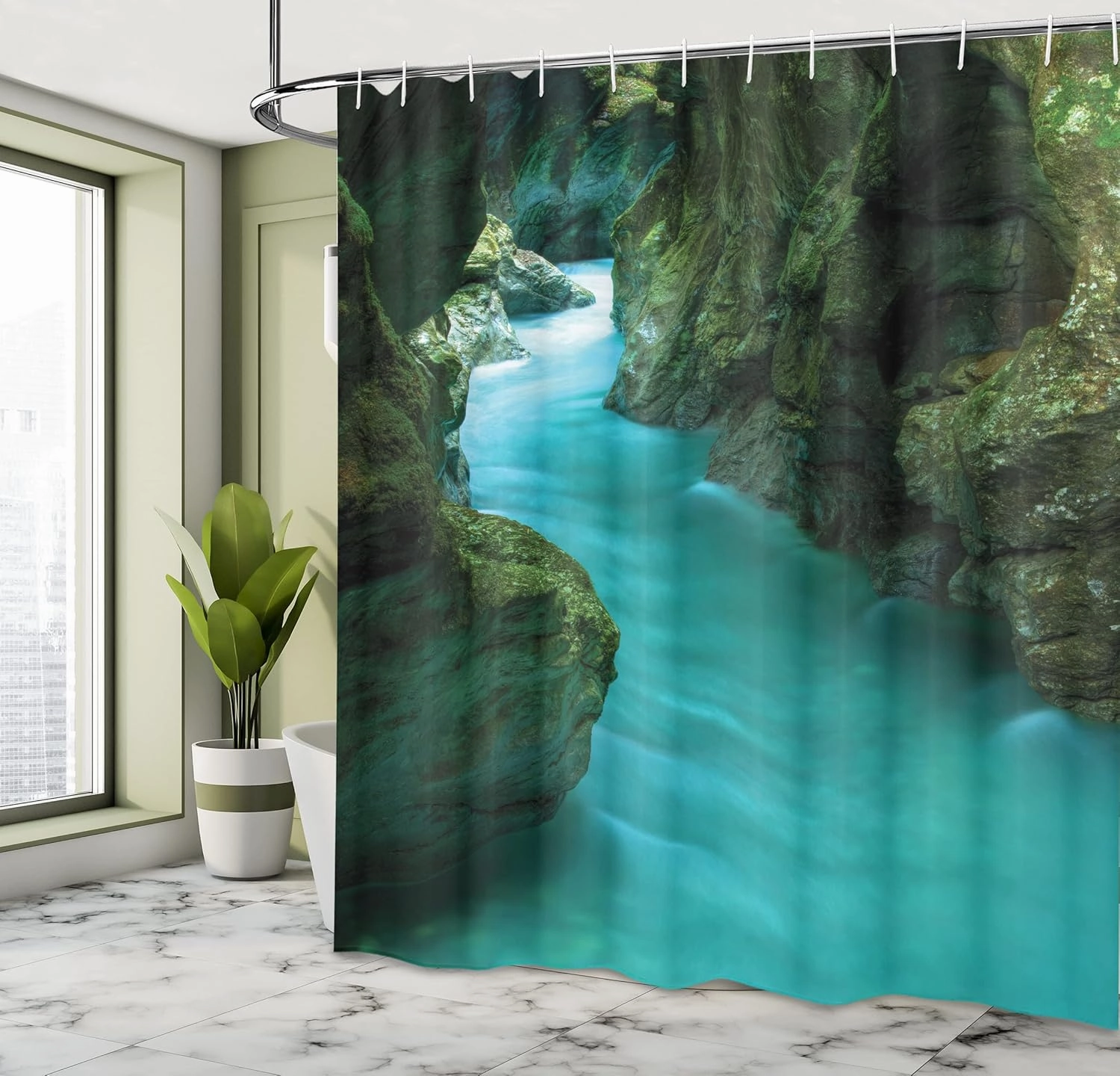 Ambesonne Waterfall Shower Curtain, Tolminka Alpine River Water and Caves Exotic Nature Travel Picture, Cloth Fabric Bathroom Decor Set with Hooks, 69" W x 84" L, Green Turquoise