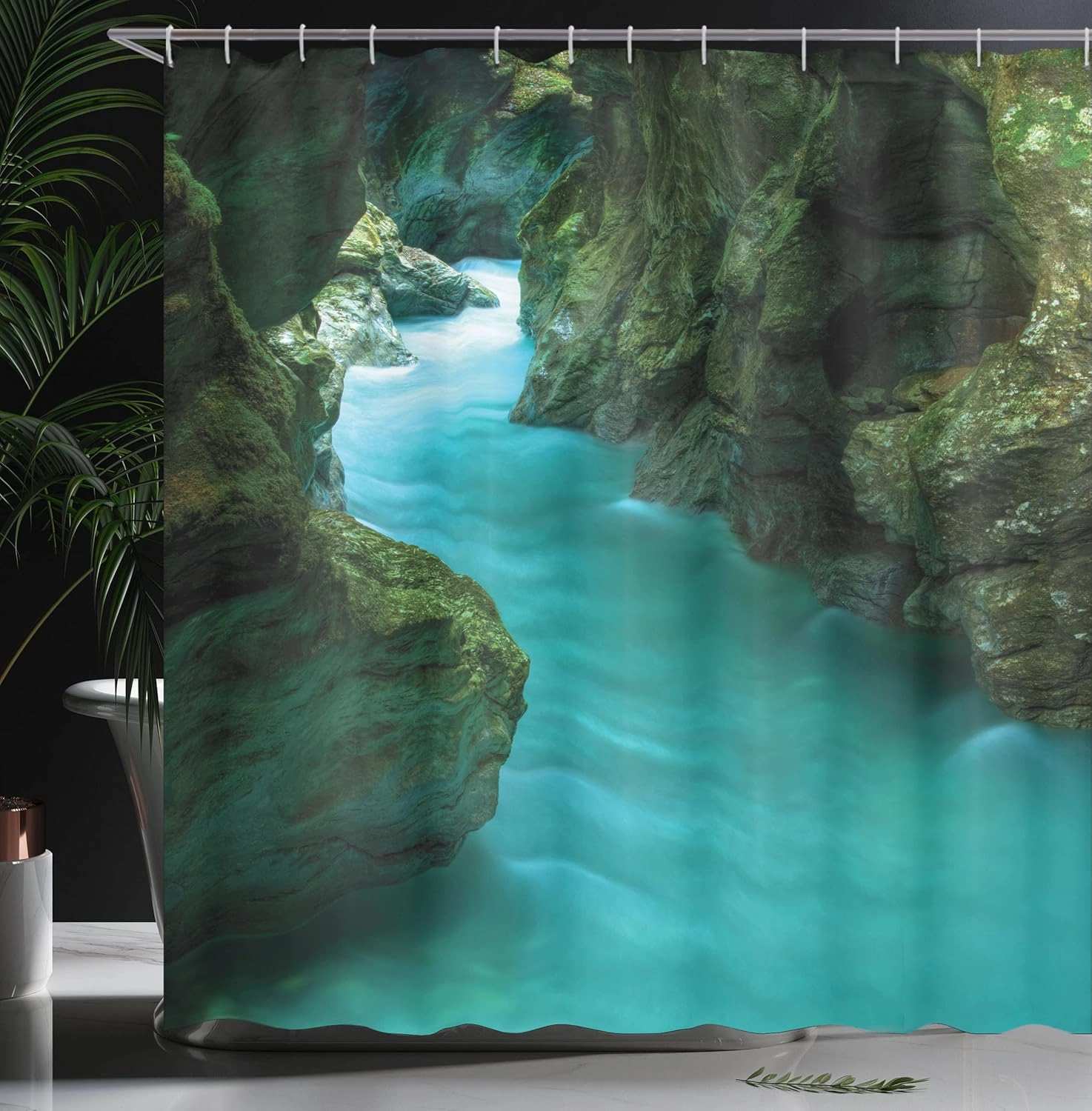 Ambesonne Waterfall Shower Curtain, Tolminka Alpine River Water and Caves Exotic Nature Travel Picture, Cloth Fabric Bathroom Decor Set with Hooks, 69" W x 84" L, Green Turquoise