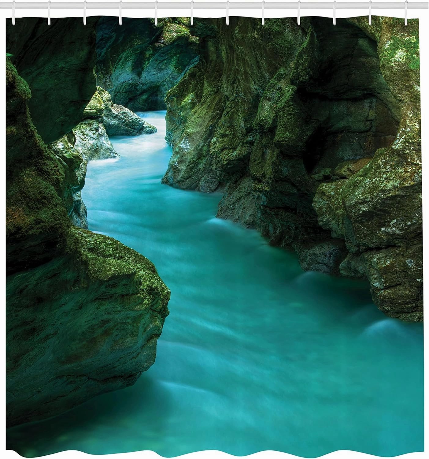 Ambesonne Waterfall Shower Curtain, Tolminka Alpine River Water and Caves Exotic Nature Travel Picture, Cloth Fabric Bathroom Decor Set with Hooks, 69" W x 84" L, Green Turquoise