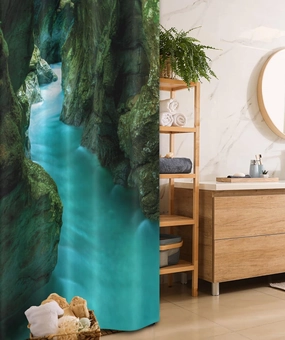 Ambesonne Waterfall Stall Shower Curtain, Tolminka Alpine River Water and Caves Exotic Nature Picture, Fabric Bathroom Decor Set with Hooks, 36" W x 72" L, Green Turquoise