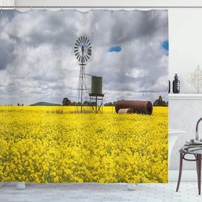 Ambesonne Windmill Decor Shower Curtain, Canola Meadow Stormy Day Victorian Goldfields Agricultural Farmland, Fabric Bathroom Decor Set with Hooks, 69" W x 70" L, Yellow Grey White
