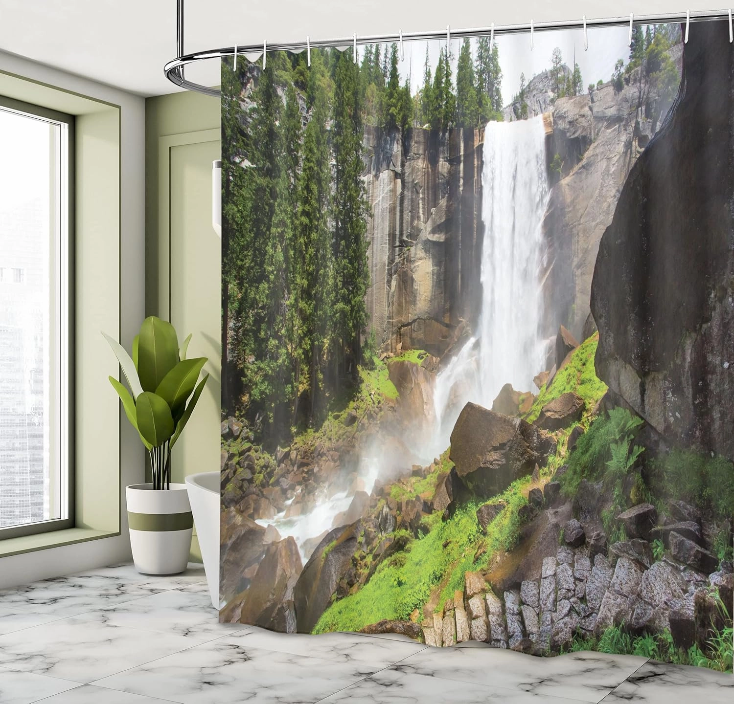 Ambesonne Yosemite Shower Curtain, Vernal Fall in The National Park Alpine Forest Rocks Wild Natural Scenic Landscape Photo Art Print, Fabric Bathroom Decor Set with Hooks, 69" W x 70" L, Green White