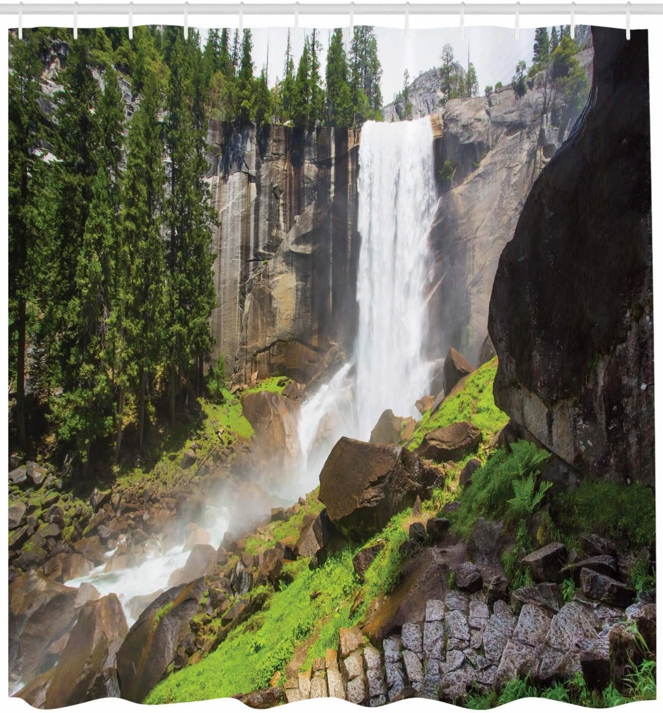 Ambesonne Yosemite Shower Curtain, Vernal Fall in The National Park Alpine Forest Rocks Wild Natural Scenic Landscape Photo Art Print, Fabric Bathroom Decor Set with Hooks, 69" W x 70" L, Green White