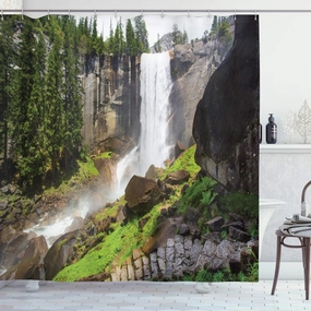 Ambesonne Yosemite Shower Curtain, Vernal Fall in The National Park Alpine Forest Rocks Wild Natural Scenic Landscape Photo Art Print, Fabric Bathroom Decor Set with Hooks, 69" W x 70" L, Green White