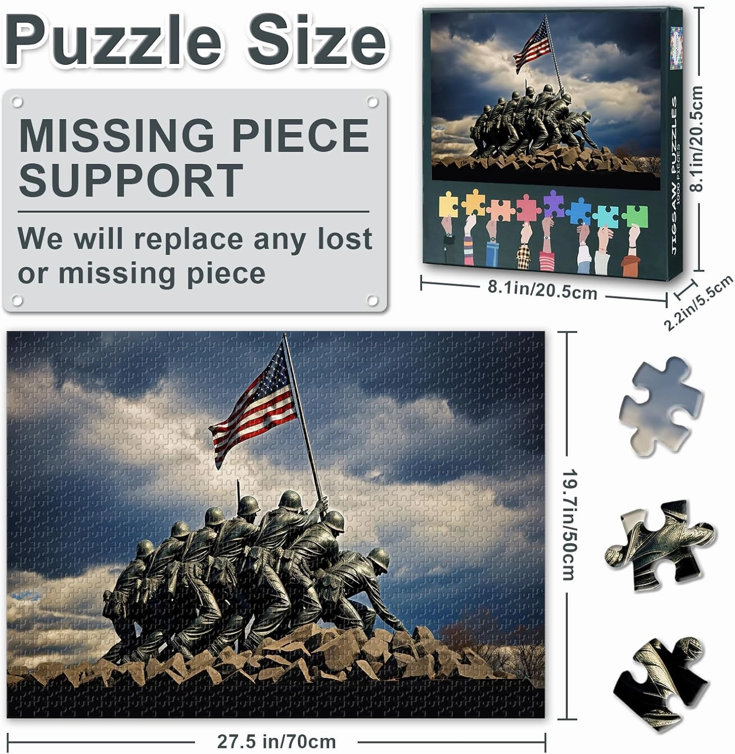 American Flag-1000 Piece Jigsaw Puzzle for Adults US Marine Corps War Memorial Piece Design Competition Ideal Gift for Puzzle Enthusiasts - Finished Size is 27.5"x19.6"