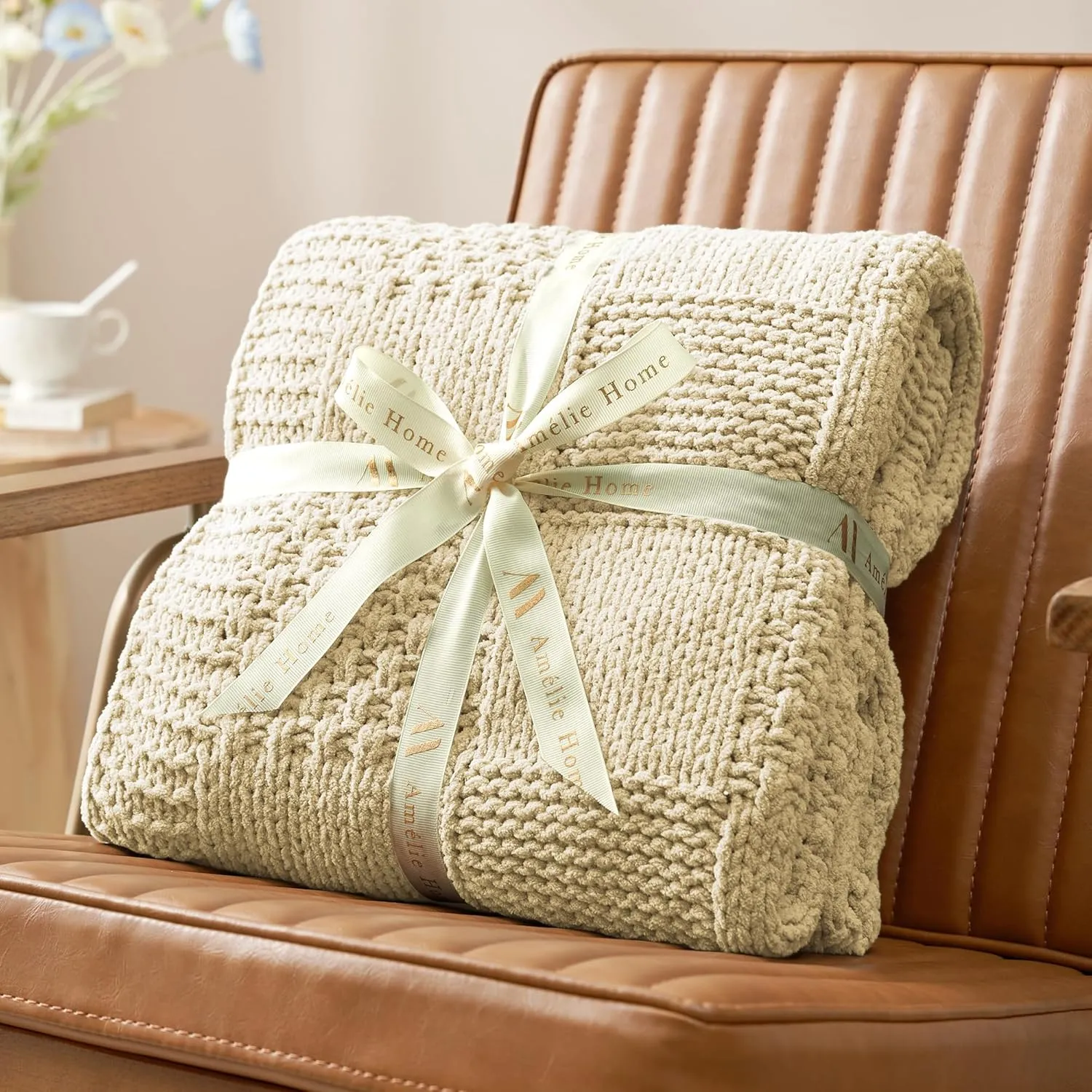 Amélie Home Chenille Knit Throw Blanket for Couch, Checkered Texture Decorative Soft Blanket for Sofa, Bed & Living Room, 50"x60", Beige