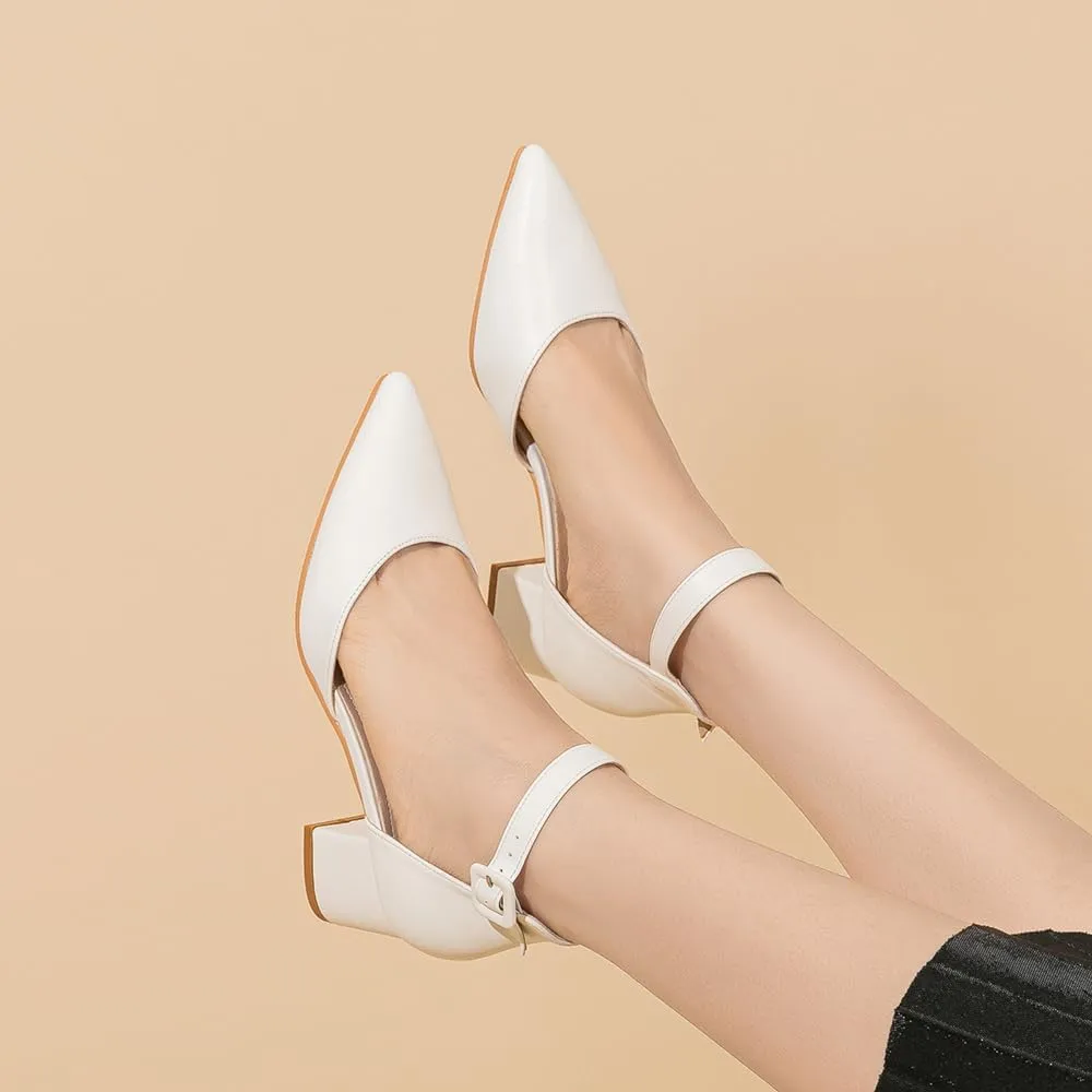Amoji Women's 2 inch Pointed Toe Low Chunky Heels Dress Pumps Heeled Shoes with Ankle Strap 412