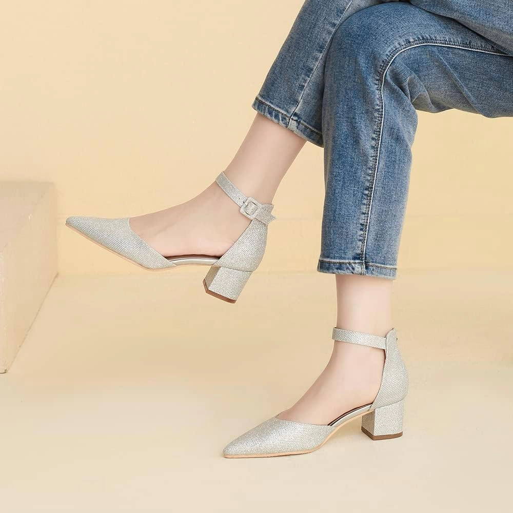Amoji Women's 2 inch Pointed Toe Low Chunky Heels Dress Pumps Heeled Shoes with Ankle Strap 412