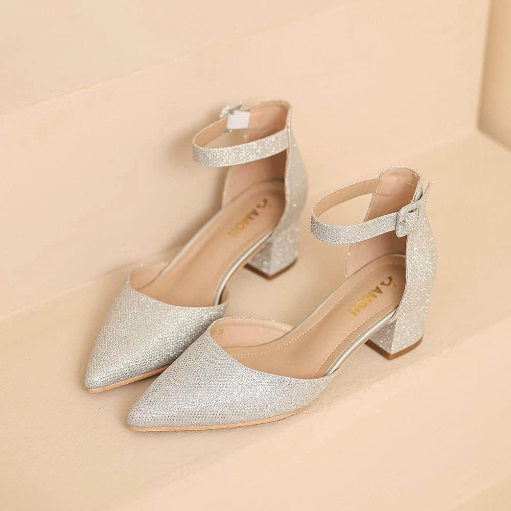 Amoji Women's 2 inch Pointed Toe Low Chunky Heels Dress Pumps Heeled Shoes with Ankle Strap 412