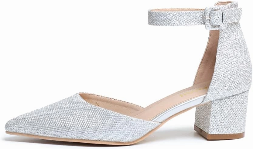 Amoji Women's 2 inch Pointed Toe Low Chunky Heels Dress Pumps Heeled Shoes with Ankle Strap 412